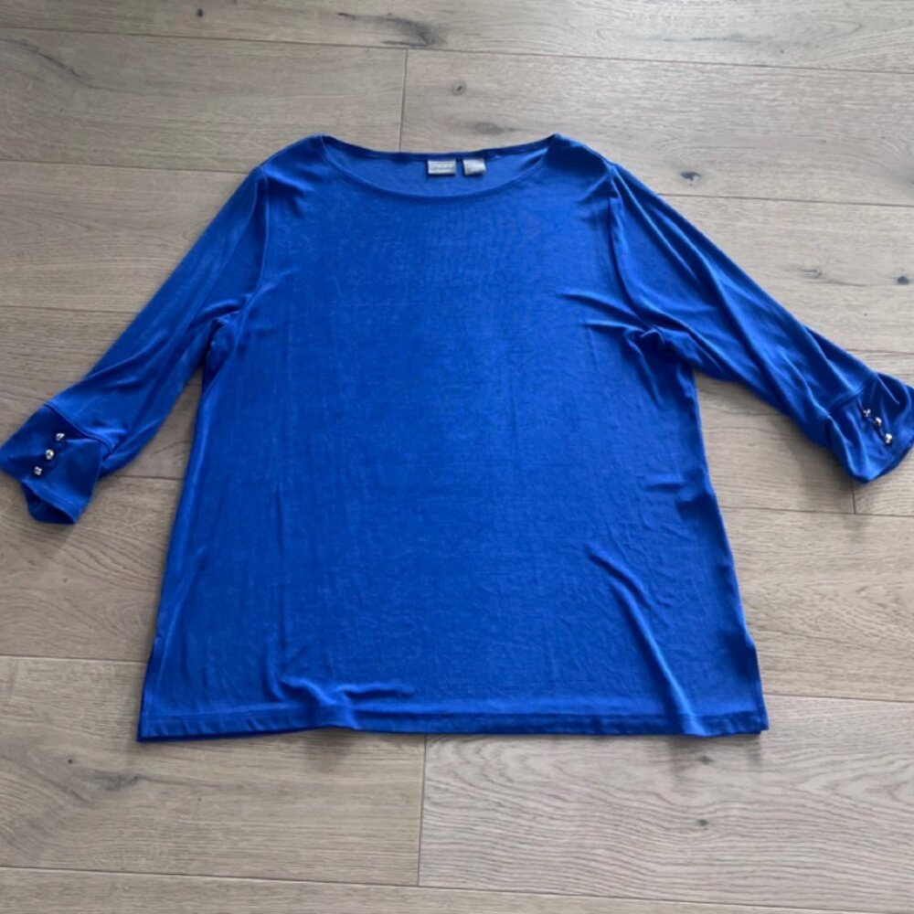Travelers by Chico's Tunic Top Stretch Silver Buttons Blue Size 3 ~ Large